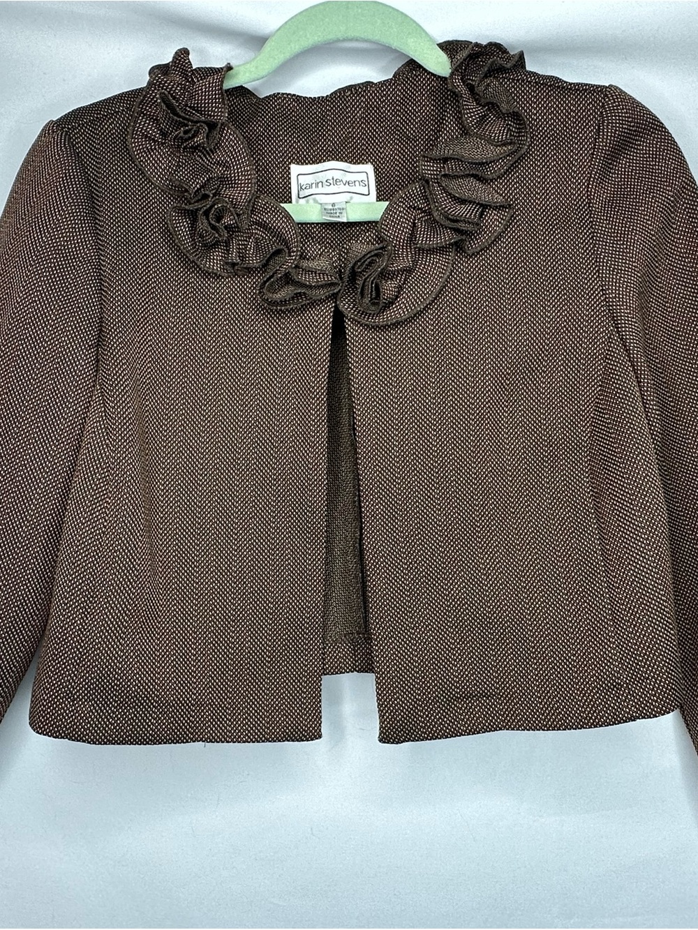 karin stevens Brown Ruffle Collar Cropped Blazer